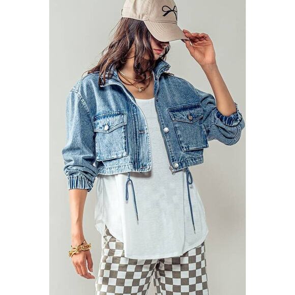 Urban Daizy Utility Cropped Drawstring Hem Stand Collar Denim Jacket - Picture 16 of 16